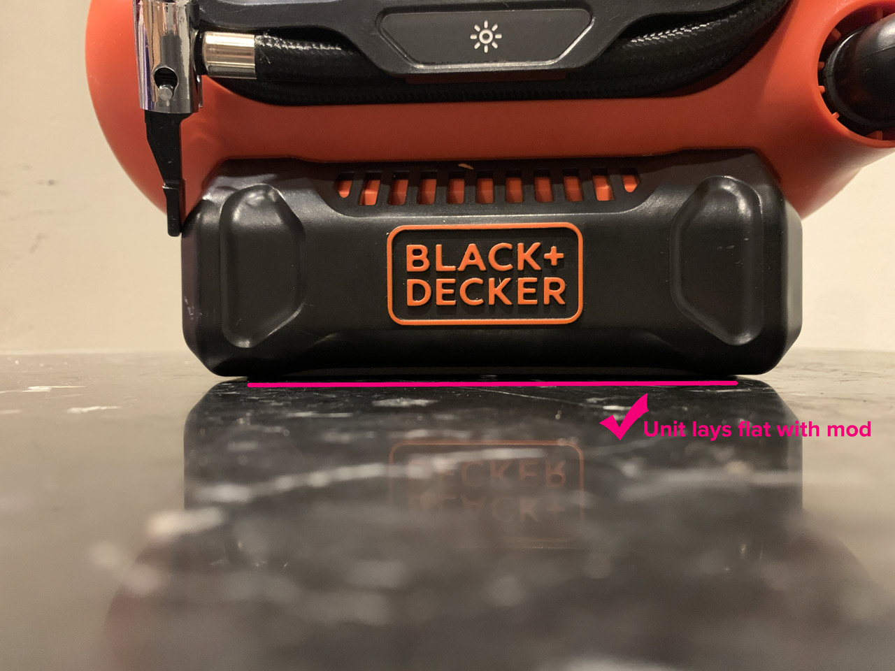 Black & Decker 20V MAX Multi-Purpose Inflator laying flat thanks to custom power cord notch