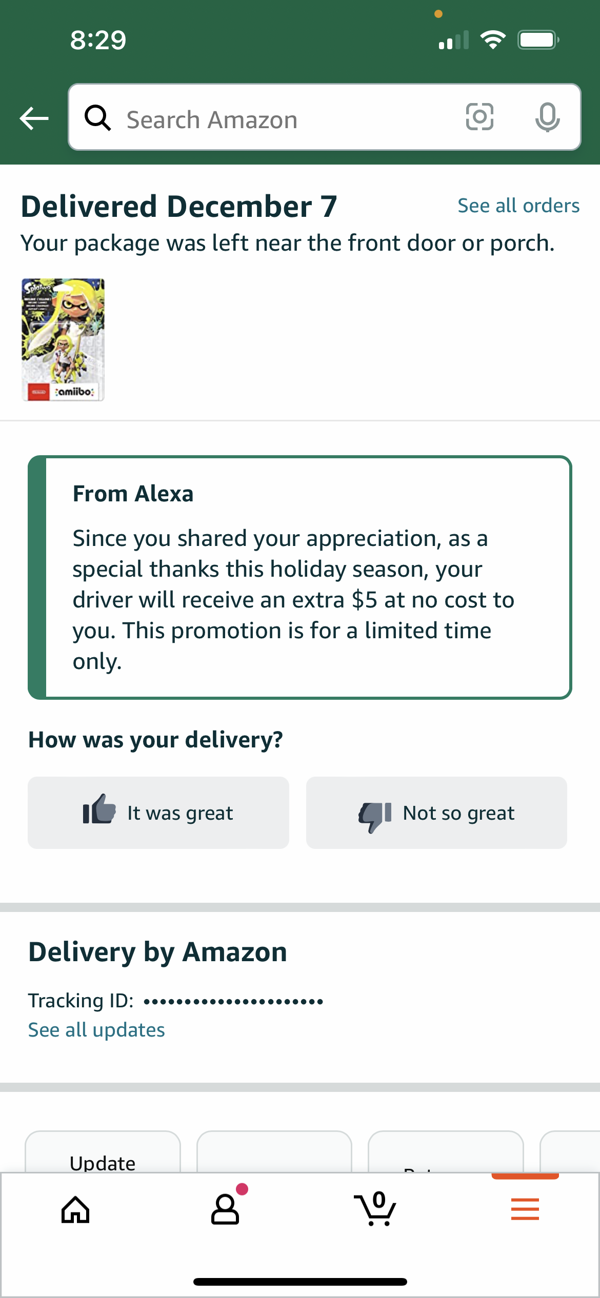 Thanking a driver via Amazon app